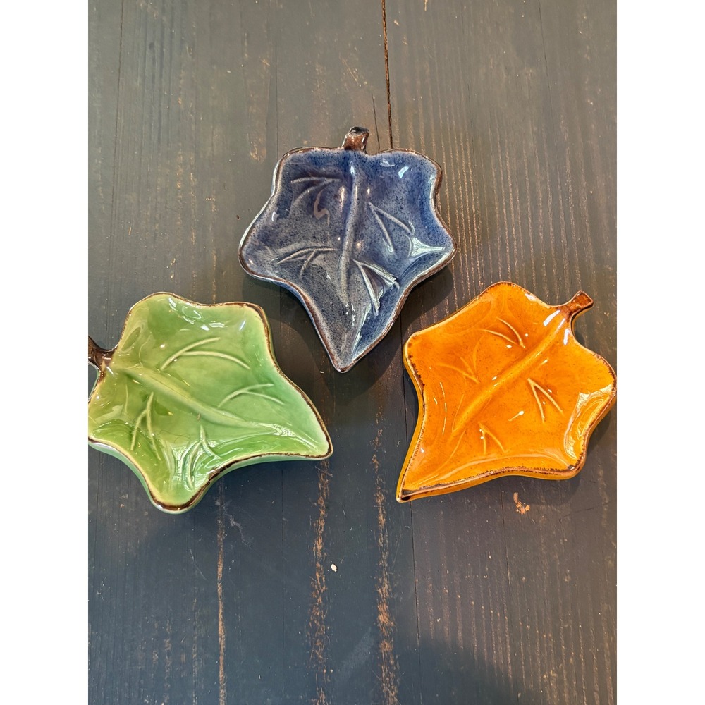 Terre e Provence French Ceramic Leaf Dishes Set of 3 Green Blue Yellow France